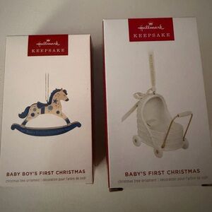 Hallmark Keepsake Blue Rocking Horse and White Carriage Ornaments-2024